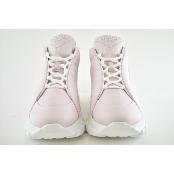 Prada Rush Piuma Nylon Pink White Platform Flat High Top Trainer Sneaker 37 - Picture 4 of 11